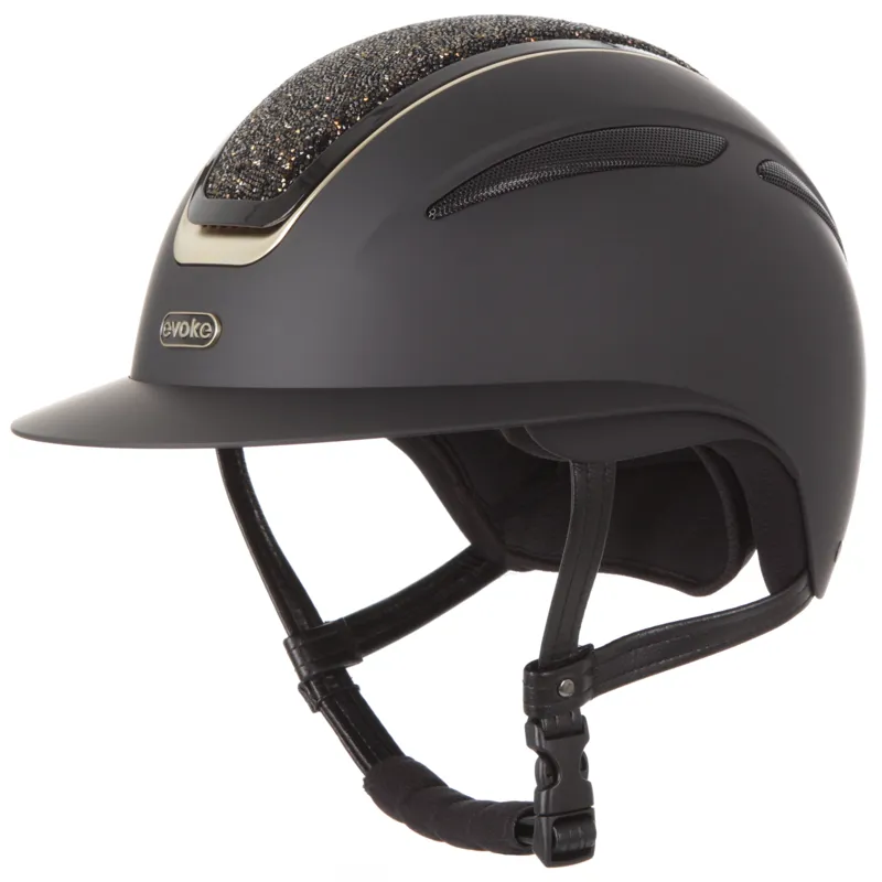 Evoke Callisto Wide Peak Black Gold Crystal Riding Hat	