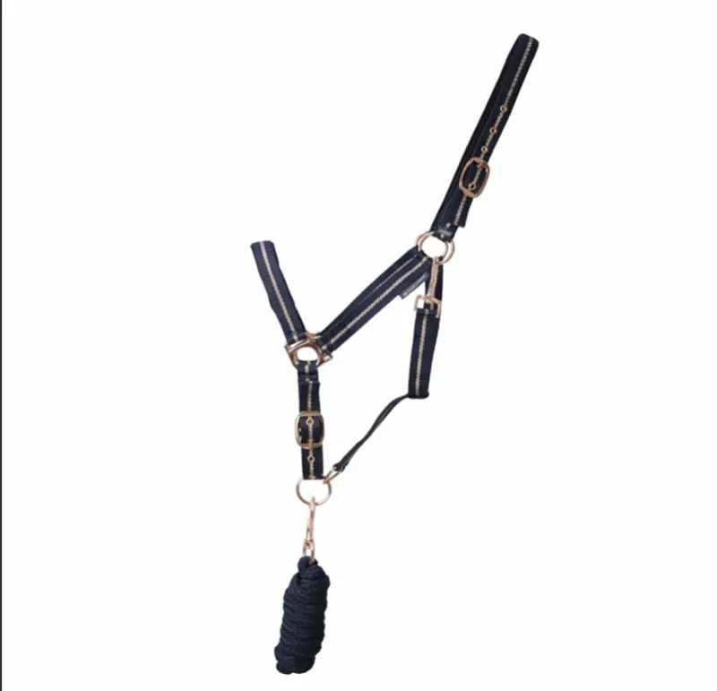 HY Equestrian Rose Glitter Head Collar and Rope Navy