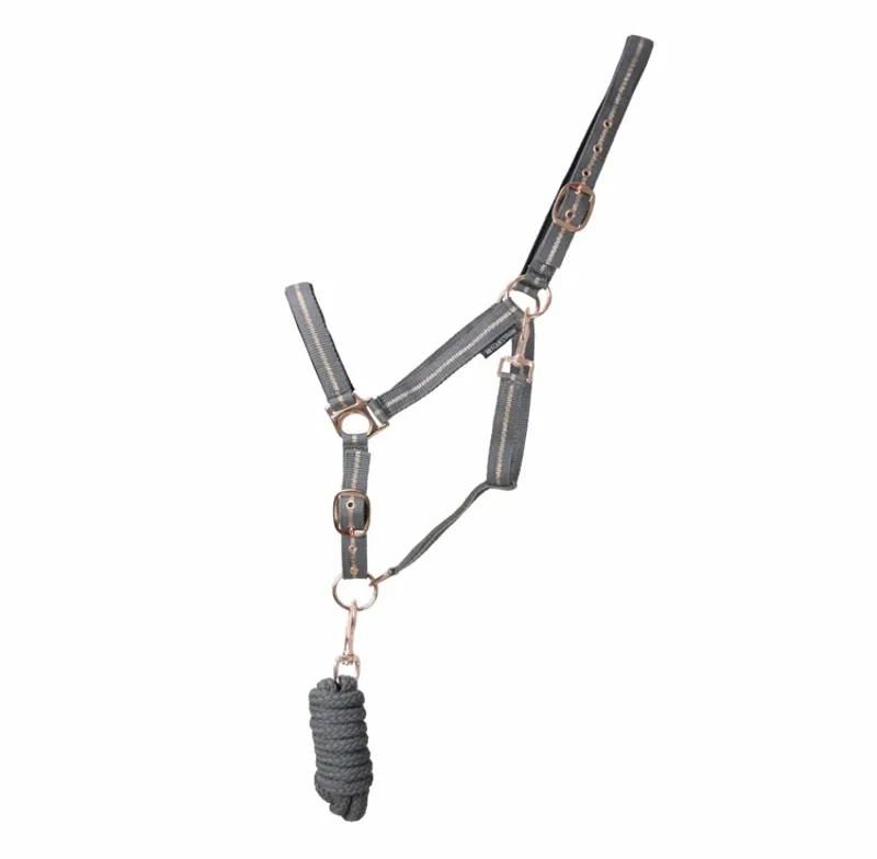 HY Equestrian Rose Glitter Head Collar and Rope Grey