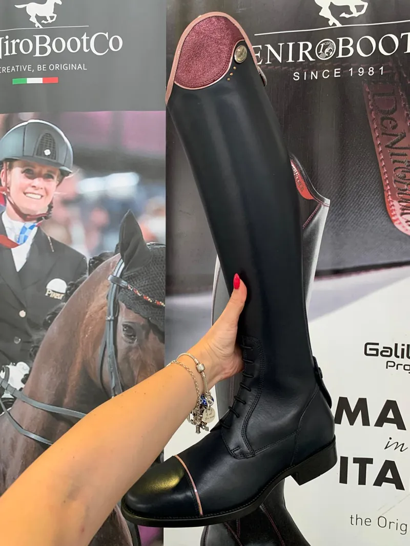 DeNiro Salentino/02 Laced Riding Boot Smooth Blue Leather Glitter Pink Top 